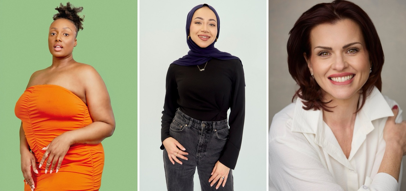 Three models from The Diversity Agency boards — curve, modest and classic